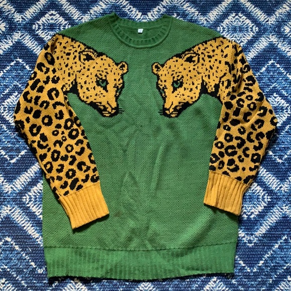 Leopard Sleeve Forest Green Sweater - Picture 1 of 5